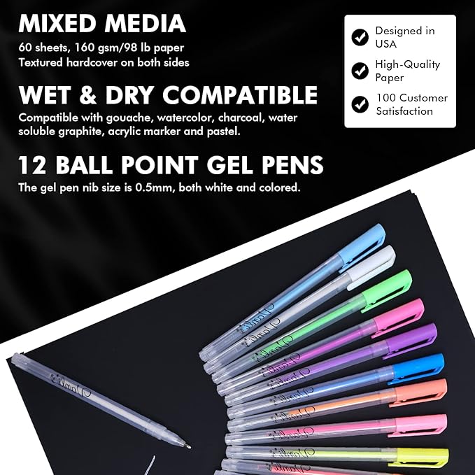 Vanli's Hardcover Black Paper Sketchbook & 12 Pack Ball Point Gel Pens Set - 2 White & 10 Colorful Pens for Drawing, Sketching, & Journaling. 9" x 12" Spiral Bound, Acid Free Black Art Paper