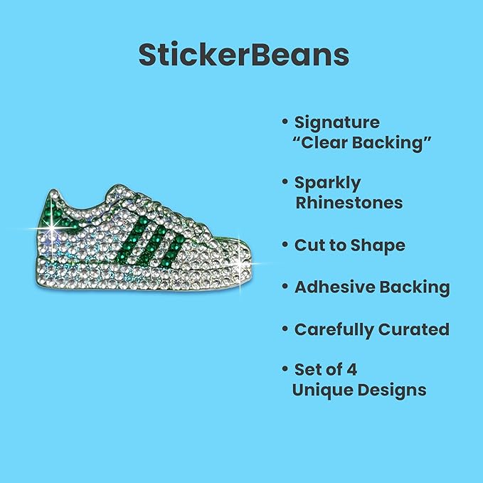 StickerBeans® Rhinestone Stickers - Green Spirit 4-Pack, 2” x 2” Each, Unique Sparkly Cut-to-Shape for Collecting, Trading, Decorating Laptops, Phone Cases, Scrapbooks for Kids, Teens, & Adults