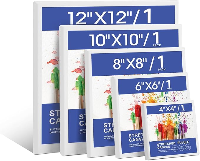 FUMILE Stretched Canvas for Painting Multi 5 Pack Square Canvas 4x4,6x6,8x8,10x10,12x12(1 of Each), Cotton Primed Acid Free Blank Canvases for Oil Paint, Acrylic Paint, Gouache and Tempera.