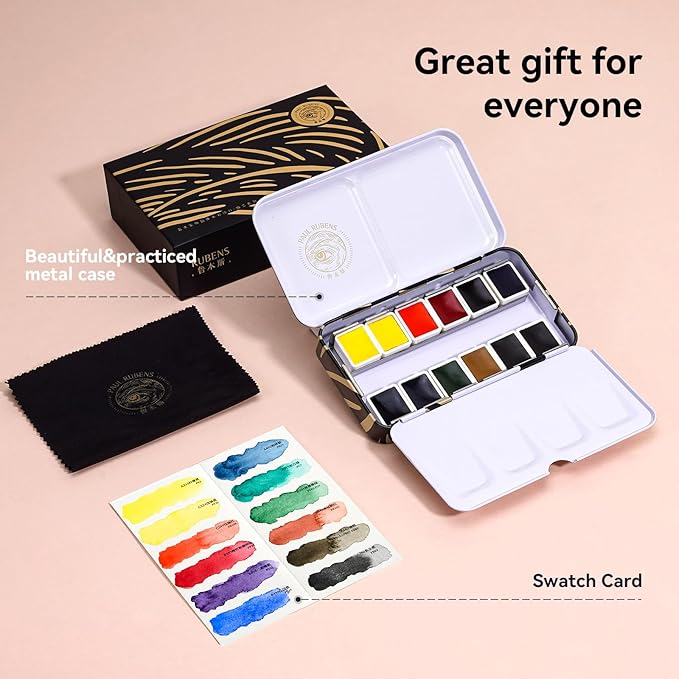 Paul Rubens Artist Watercolor Paint Set,12 Vibrant Colors in Portable Box, Great Lightfastness, Perfect Travel Professional Watercolor Set for Artists, Beginners, Adults