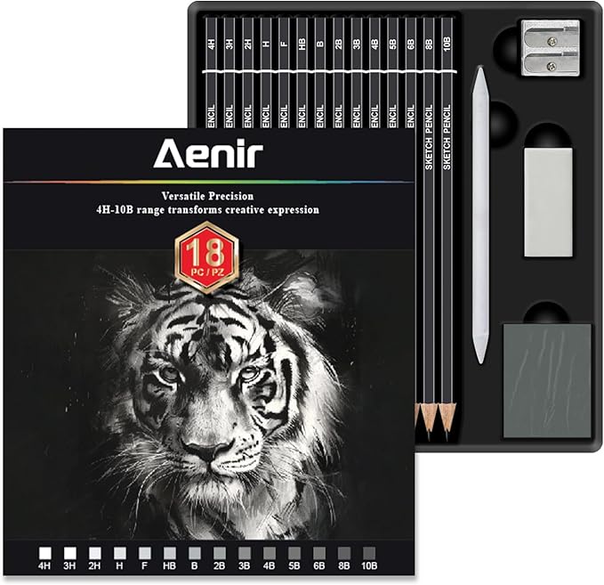 Sketch Pencils for Drawing, Drawing Pencils Set of 18, 10B–4H Graphite Pencil, Vinyl Eraser, Kneaded Eraser, Sharpener, Blending Stump,Sketch Set for Artists, Art Supplies.