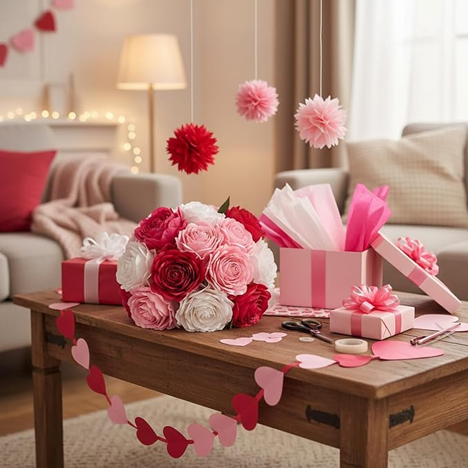 Qilery 500 Sheets Valentine's Day Pink White Tissue Paper Bulk for Gift Bags 15 x 20 Inch Acid Free Packaging Wrapping Paper Sheets for Valentine's Day Wedding Decoration DIY Flowers, Pom Poms Crafts