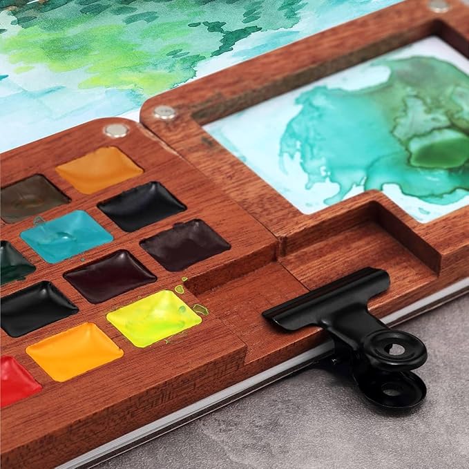Soho Urban Artist Mini Wooden Travel Watercolor Set of 15 - Professional Watercolor Paint Set for Watercolorists & Plein Air Artists, Semi-Moist Pans, Pocket-Sized Magnetic Wood Case with Mixing Area