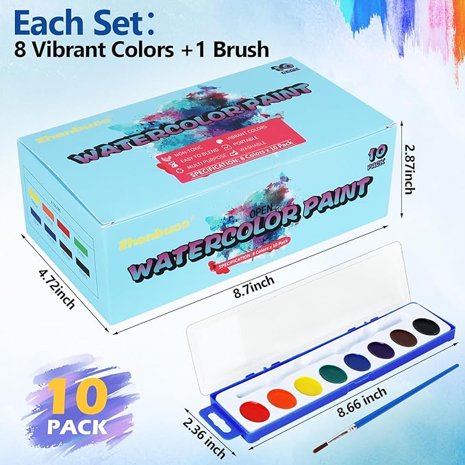 Watercolor Paint Set for Kids - Bulk Pack of 10, 8 Colors Washable Water Color Paints Sets with Paintbrush, Kids Watercolor Paint Set for Coloring, Art, Classrooms and Paint Supplies