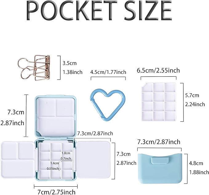 WTYONZEL Travel Pocket Watercolor Set, Artist Outdoor Sketch Kits with 24 Well Palette,3 Foldable Palettes,Clip-on Washing Bucket,Silicone Bag,Ideal for Outdoor Sketch Artists(Blue)