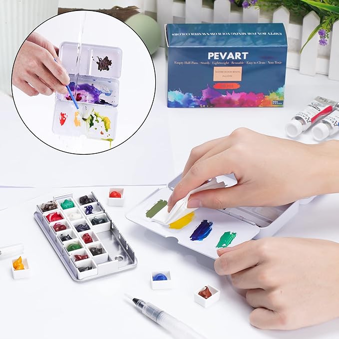 PEVART Empty Watercolor Paint Palette,Metal Box Mixing Palette Case with 50 Water Color Half Pans and Fold-Out Palette Tin Paint Tray Travel Watercolor Set,Acrylic,Gouache, Oil Painting