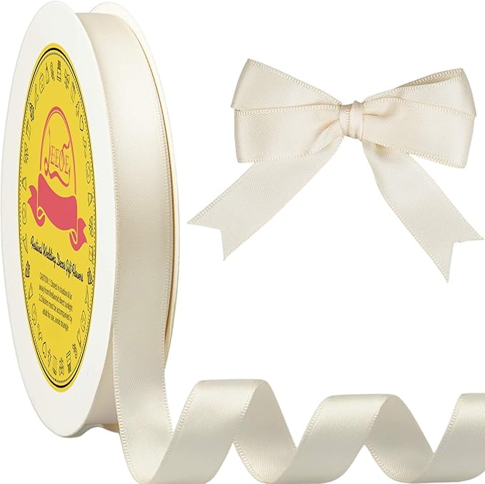 Double Face Ivory Satin Ribbon 5/8 inch X 50 Yards Polyester Ivory Ribbon for Gift Wrapping Very Suitable for Weddings Party Invitation Decorations and More