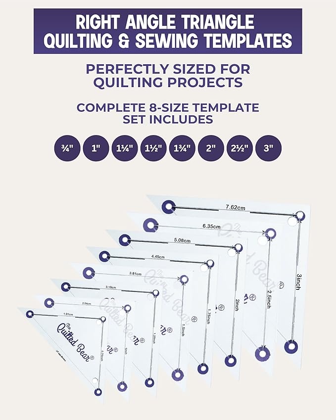 The Quilted Bear Right Angle Triangle Quilting Templates – 8 Clear Non-Slip Acrylic Quilt Templates for Precise Fabric Cutting & Stress-Free Machine Quilting - for Quilt & Sewing Supplies (¾–3")
