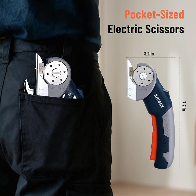 Electric Box Cutter, Katerk Cordless Electric Scissors with Safety Lock & LED Light, Cardboard Cutter, Ambidextrous Use, Rotary Cutter for Fabric, Leather, Plastic, Crafting