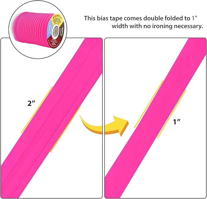 Mandala Crafts 55 Yards 1 Inch Neon Pink Double Fold Bias Tape for Sewing - Bias Binding Tape for Quilting Binding, Hemming, Seam, and Fabric Piping