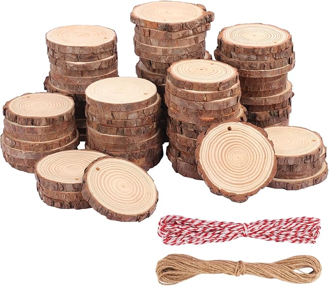 80 PCS 3.6-4 Inch Unfinished Wood Slices, Natural Wood Slices, Predrilled with Hole Wood Slice for DIY Arts Craft Christmas Ornaments by GNIEMCKIN