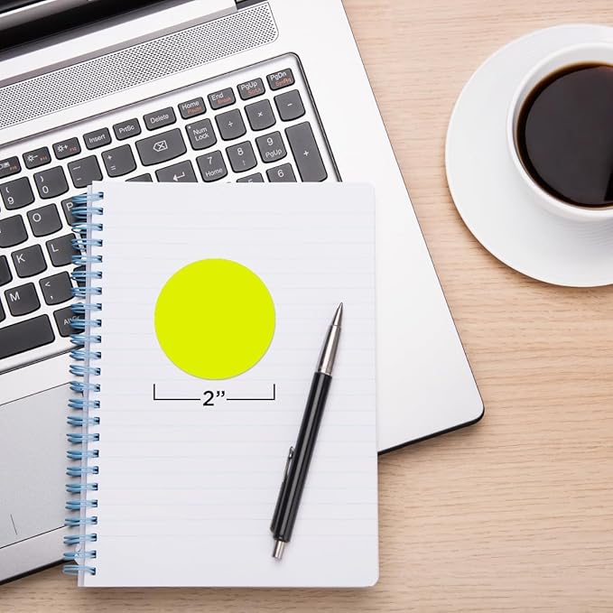ChromaLabel 2 Inch Round Colored Stickers, High Visibility Permanent Sticky Dots Color Coding Labels, Easy to Write On Dot Stickers - 500 Sticker Dots per Roll, Fluorescent Yellow - Case of 5