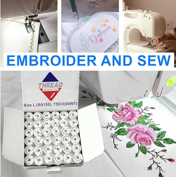 Sissewpro Cardboard Prewound Bobbin L, 75D/2(60WT SA155 Size 9.4) Embroidery Sewing Machine Bobbins Thread for Brother Babylock Singer Ricoma, 144pcs White Pack