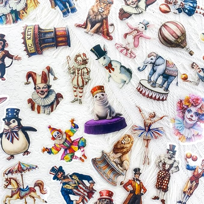 50 Pcs Vintage Circus Scrapbook Stickers – Clear Waterproof Clown, Animal, Tent, Retro Carnival Circus Decals for Journaling, Crafts, Planners, Cards & Laptop Decorations