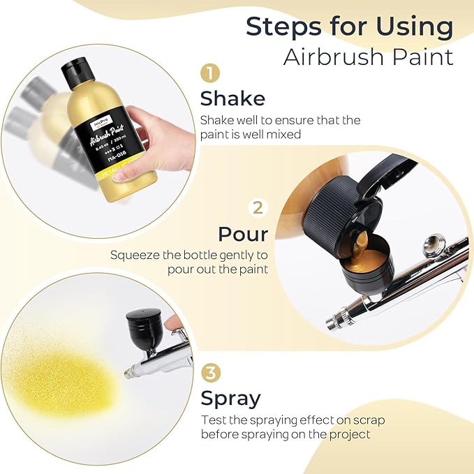 Nicpro Metallic Gold Large Airbrush Paint (8.45 oz, 250 ml) Ready to Spray Opaque Water-Based Acrylic Air Brush Paints for Model, Wood, Canvas, Metal, Plastic, Leather, for Beginners & Artists