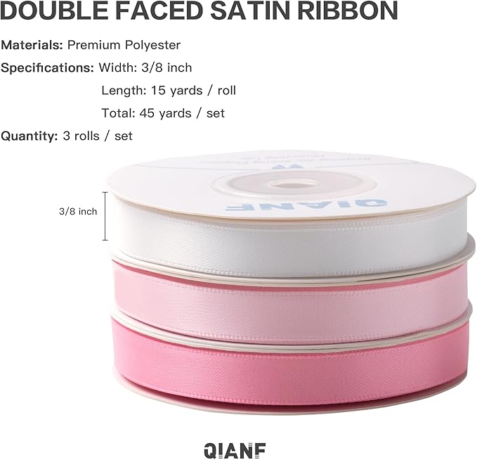 Pink Double Face Satin Ribbon 3/8 Inch x 45 Yards White Fabric Ribbon for Gift Wrapping, Flower Bouquets, Hair Bows Making, Wedding Decoration, Invitation Cards, Valentine's Day (3 Rolls *15Yd)