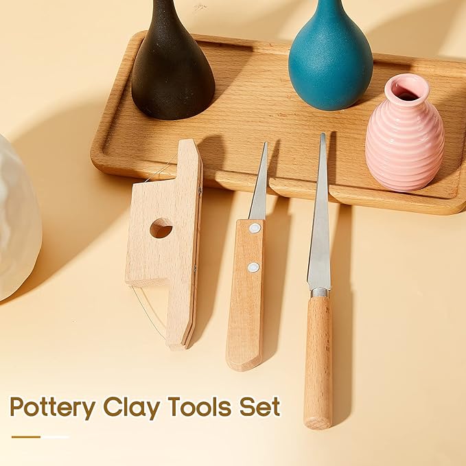 Amylove 3 Pieces Pottery Tools Cutting Clay Trimming Tool Includes Wood and Wire Bevel Cutter Fettling Knife for Pottery and Ceramics and Sculpting