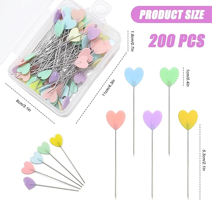 200pcs Colored Sewing Pins for Fabric Flat Head Straight Pins with Storage Box Quilting Pins Fixed Sewing Marker Needle for Dressmaker,Sewing Project,Jewelry Making, DIY Craft (Love Hearts)
