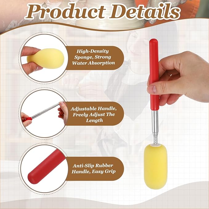 PATIKIL 29.5" Telescoping Sponge Stick for Pottery, 2Pcs Retractable Ceramic Pottery Clay Sponge Tool for Removing Excess Water from Tall and Narrow Pottery, Yellow/Red(1.57"W)