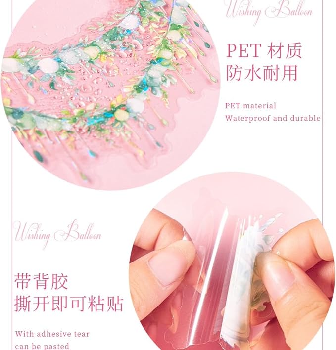 60 PCS Exquisite Fantasy Wishing Balloon Glitter Shiny PET Sticker, Decorative Birthday and Holiday Themed Shine Stickers for Scrapbooking, Journaling, Waterproof DIY Crafts and Junk Journal Supplies