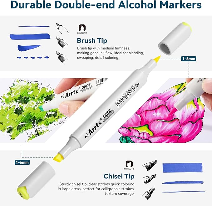 Arrtx Alcohol Markers OROS 80 Colors,Brush and Chisel Tip,Art Alcohol Markers Set for Artists Adult Coloring Sketch Illustration