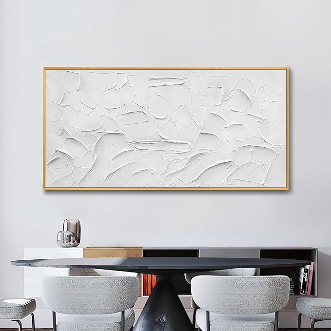 Large Size Hand-Painted Oil Painting on Canvas Gold Frame White Textured Wall Art Abstract Minimalist 3d Artwork Neutral Wall Picture Home Decor for Living Room Bedroom Office Ready to Hang 60x40inch