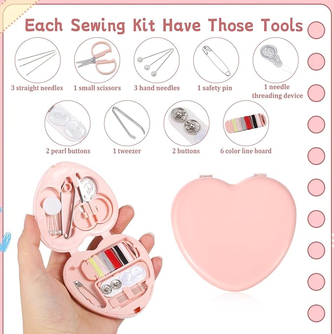 2 Pack Heart-shaped Mini Travel Sewing Kit, Folding DIY Sewing Set, Portable Pocket Sewing Supplies with Needles, Threads, Buttons, Scissors, Buttons for Women, Mom, Traveler, Adults, Beginner, Pink