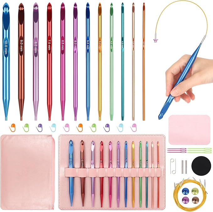 Aeelike Interchangeable Tunisian Crochet Hooks Set, 12 Sizes Colorful Tunisian Crochet Hooks Set with 4 Cables 3.0mm - 10.0mm Smooth Ergonomic Hook for Making Blanket Scarves, Ideal Gift