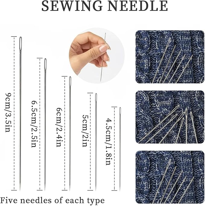 37PCS Big Eye Steel Sewing Needle Kit,Sewing Tool Set,Needles Thread Hand Repair Tools,Portable Sewing Working Kit for Beginners (2 Set*74PCS)