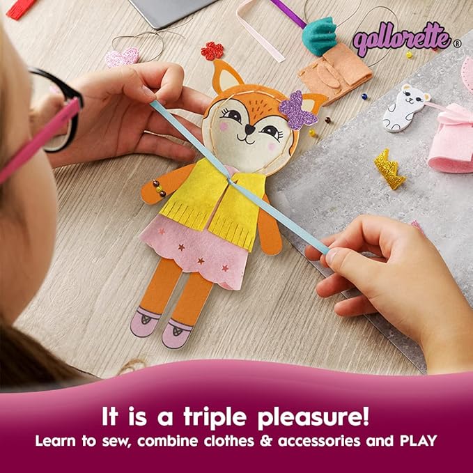 qollorette Felt Sewing Kit for Children, Make Your Own Fox Toy, Kids' Craft Kit - Make A Friend Sew Kit - Beginner Sewing Kit for Kids, Learn to Sew & Play