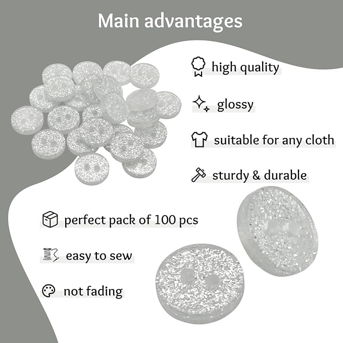 100 Pack Silver Sewing Buttons 0.4 inch 16L Glitter Buttons Round 2 Hole Glossy Plastic 10mm Ideal for Shirt Blouse Skirt School Outfits Aprons Pants Jackets Accessories Bags DIY Crafts