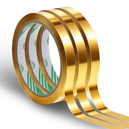 3 Rolls Gold Tape for Crafts, 0.6 Inch Gold Tape Self Adhesive Golds Mirror Tapes Metallic Tapes DIY Golds Graphic ArtTape for Wall Decor TV Frame Crafts Decoration and Gift Box Wrapping