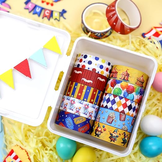 12 Rolls Circus Washi Tape Set, Vintage Carnival Cartoon Decorative Tape Tent Clown Tickets Masking Tape for Journaling Supplies, Junk Journal, Scrapbooking, DIY Arts & Crafts, Gift Wrapping