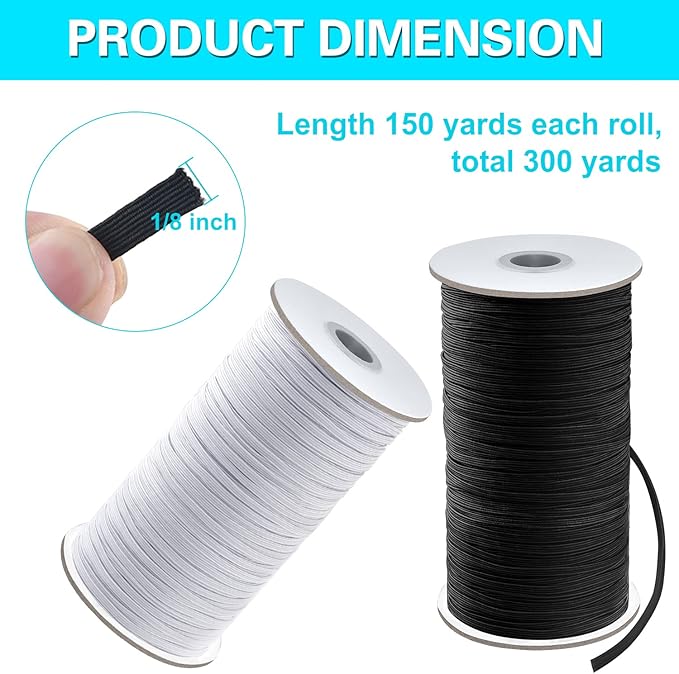 Coopay 300 Yards Length 1/8" Width Elastic Bands Flat Elastic Cord Rope Heavy Stretch Spool Knit for Sewing DIY Projects, Arts & Crafts, 2 Rolls, 150 Yards/Roll (Black and White, 1/8 Inch)