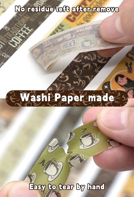 Coffee Themed Washi Tape Set, 14 Rolls Vintage Crafts Tape, Art Decorative Tape for Scrapbooking Supplies, Junk Journal, Bullet Journaling, Vision Board Supplies
