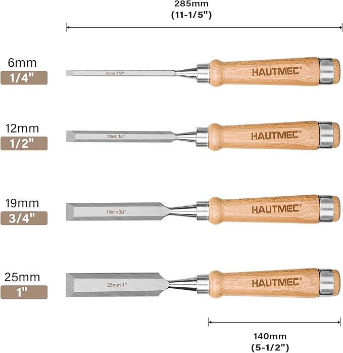 HAUTMEC Wood Chisel Set for Woodworking, 4-Piece Bevel Edge Mortise Chisel Set with 60CrV Steel Blades and Ergonomic Beech Handles (1/4", 1/2", 3/4", 1")