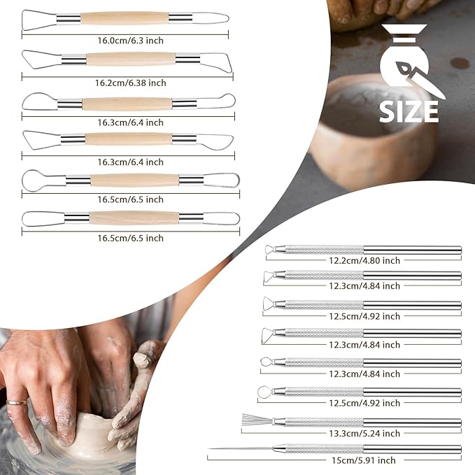 Tovotum 14PCS Ceramic Pottery Clay Ribbon Sculpting Tool Set with Feather Wire Texture and Needle Detail Tools for Carving Modeling