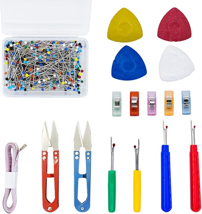 WEAXIO 537pcs Sewing Tools Kit - 10 Tailor Chalks, 4 Seam Rippers, 500 Quilting Pins & 2 Snip Scissors, 1 Soft Ruler, 20 Sewing Clips, Professional Thread Remover Tools for Sewing Quilting Supplies