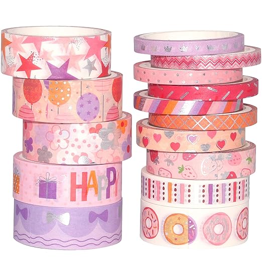 YUBX Birthday Washi Tape Set 15 Rolls Silver Foil Print Decorative Masking Tapes for Arts, DIY Crafts, Journals, Planners, Scrapbook, Wrapping
