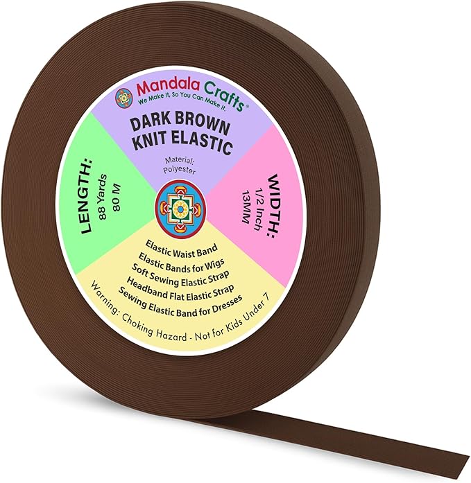 Mandala Crafts Wide 1/2 Inch Dark Brown Elastic Bands Spool for Pants Waistbands Sewing and DIY Crafts, 88 YD Stretchy Flat Fabric Strap Knit Elastic Band for Wig