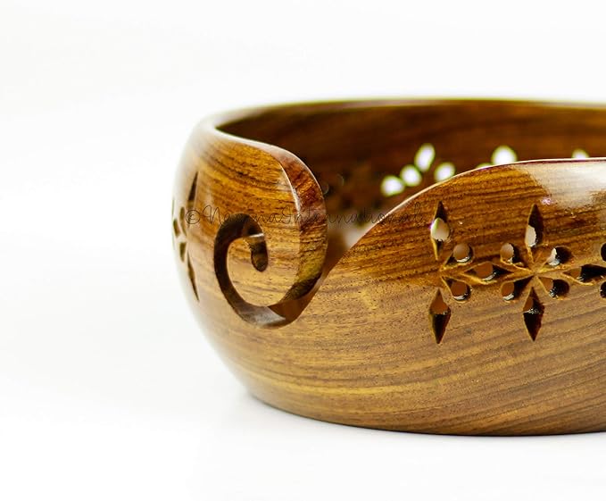 Nagina International Rosewood Crafted Wooden Yarn Storage Bowl With Carved Holes & Drills | Knitting Crochet Accessories (Small)