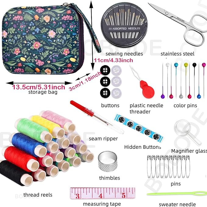Bobode Sewing Project Kits Mini Sewing Kit Printing Needle and Thread Set (Tulips Pattern Travel Sewing Kit for Adults,Professional Basic Sewing Supplies for Arts Craft DIY,Emergency, Home Beginners)