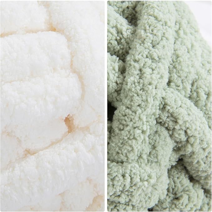 HOMBYS 8 Pack Assorted Chunky Yarn for Crocheting,Super Bulky Large Soft Fluffy Yarn,Plush Fuzzy Yarn,Thick Chenille Yarn for Hand Knitting/Arm Knitting,4 White & 4 Sage Green(27yds,8 oz Each Skein)