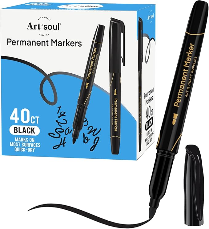 Art+soul Permanent Markers Black 40 Pack Quick-Dry Marks for Classrooms, Warehouses, Used on Multiple Surfaces Such as Paper, Plastic, Metal, Glass, Wood (Value Pack 40 Count)