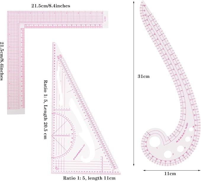 Acrylic Sewing Ruler Set，French Curve Pattern Rulers Kit for Tailors Designers Precision Pattern Making Guides Quilting and DIY Supplies (Ruler Set 1-3Pcs)