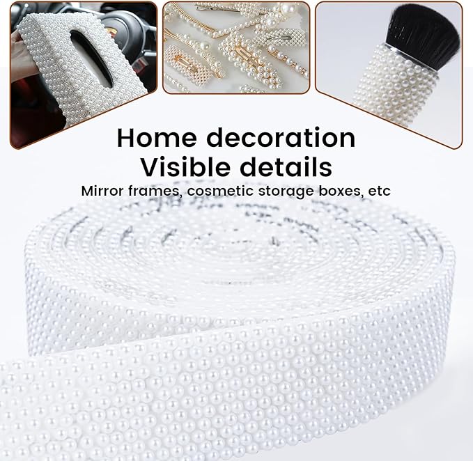 Novani Self Adhesive Pears Ribbon 1 Roll - 3 Yards White Pearls Crystal Diamond Bling Strips Glitter Resin Ribbon for Crafting,Home DIY Decoration（White Pearls,1.14 Inch,3Y）