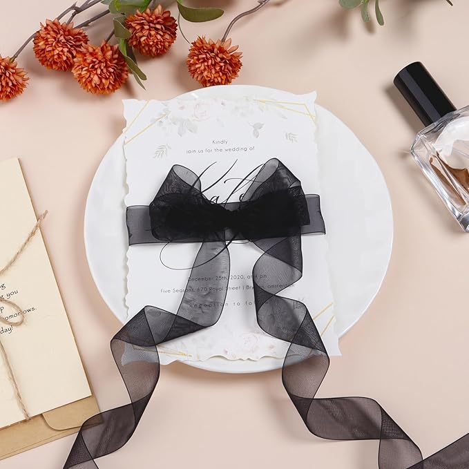 Black Ribbon for Gift Wrapping 3/8 inch Sheer Organza Ribbon for Flower Bouquet Tulle Chiffon Ribbons for Wedding Invitations Christmas Halloween Decorations Crafts 50 Yards