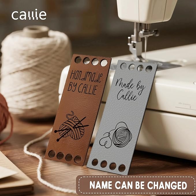 callie Personalized 10-100Pcs Handmade Leather Tags - Custom Text & 15 Pattern, Made with Love Labels for Crochet Items, Gifts for Knitting Sewing Crafting Lovers