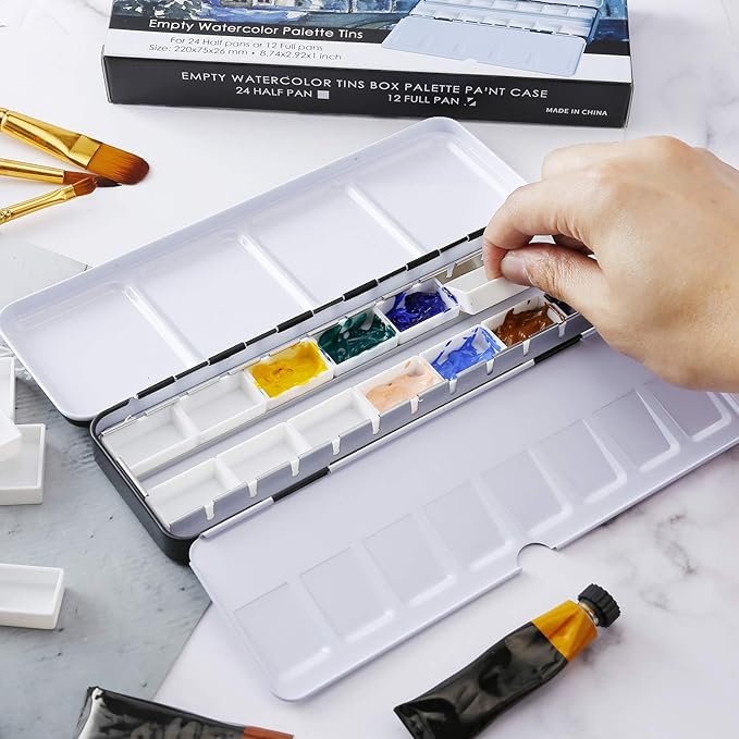 MYARTOOL Empty Watercolor Palette, Metal Empty Watercolor Tin Palette Paint Case with 12 PCS Empty Full Pans for DIY Travel Watercolor Palette, Acrylic and Oil Painting