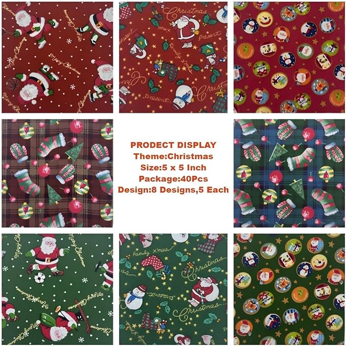 48Pcs 5x5 Inch Christmas Fabric Squares,100% Cotton Pre-Cut Quilt Clearance Charm Packs,8 Holiday Patterns for Quilting, Sewing DIY Crafts